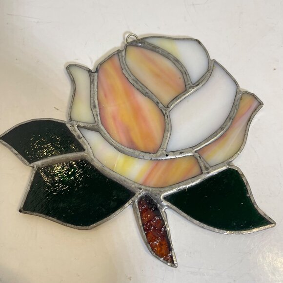 Handcrafted Stained Glass Rose Sun Catcher With Pink & White Petals Green Leaves - Picture 2 of 8